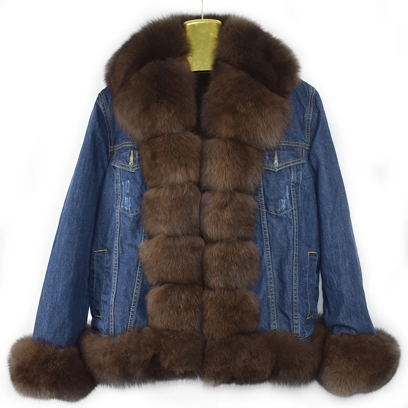 Real Fox Fur Jacket for Women, Female Cowboy Jacket, Faux Fur Lining, Cowboy Jacket, Natural Fur Jeans, Spring, New, 2023