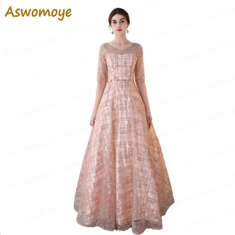 

Aswomoye Elegant Shinning Evening Dress Long 2020 A-Line Prom Dresses O-Neck Formal Party Dress Sashes Beaded Vestido de festa