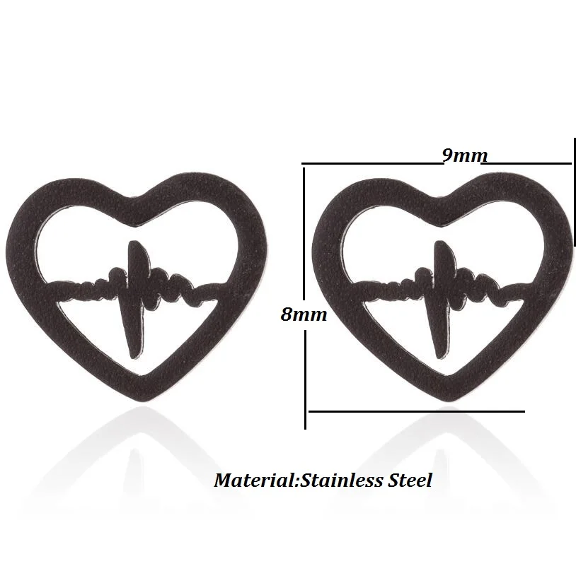SMJEL Trendy Heart Wave Stud Earrings Black Stainless Steel Heartbeat Stethoscope Earings Women Doctor Accessories Jewelry Gift