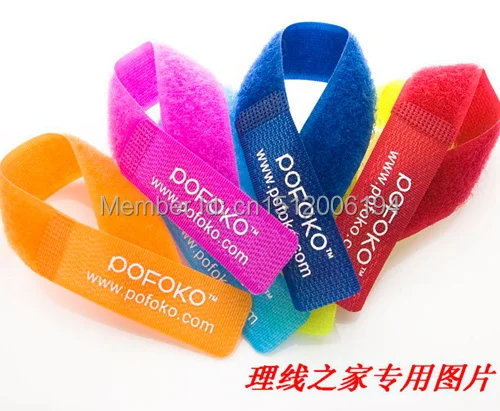 100pcs/lot hook&loop Strap with pofoko Logo Hook and Loop Cable Management Straps print logo nylon colorful cable tie 2cm*18cm