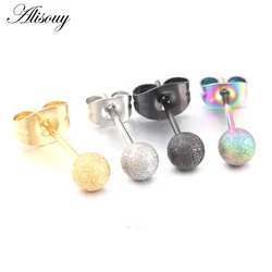 Alisouy 2pcs New Silver Color Stainless Steel Scrub Frosted Ball Round Ear Stud Earrings For Woman Men Fashion Piercing Jewelry