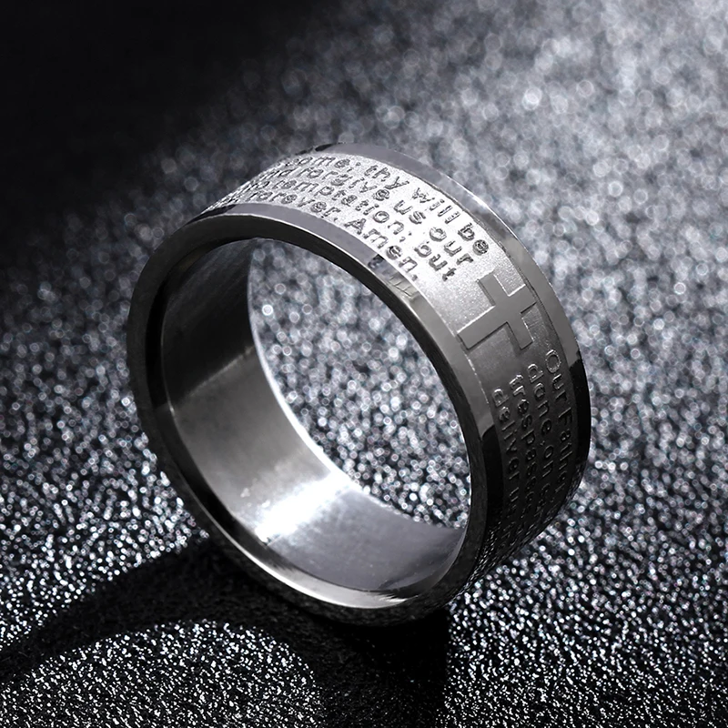 English Titanium Steel Christian Cross Bible Ring for Men and Women Personalized Ring Customize Ring Engraved Ring