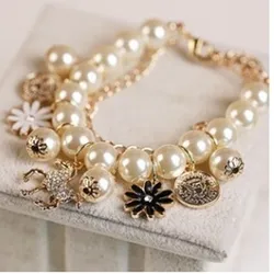 Korean Fashion Cute Pony Petal Pendant Multi layer Imitation Pearl Bracelet Wholesale