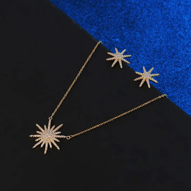 Hadiyana European And American Fashion Versatile Shining Eight-pointed Star Earrings Necklace Trend Clavicle Chain Sets TZ5026