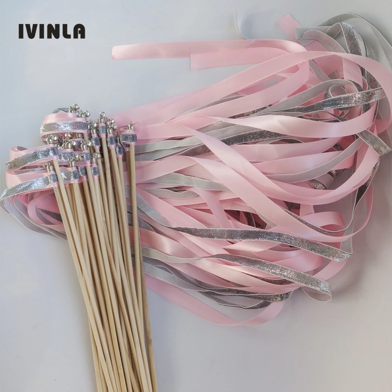 

Newest 50Pieces/Lot sliver glitter + pink stain ribbon wands wedding stick wedding confetti for wedding party decoration