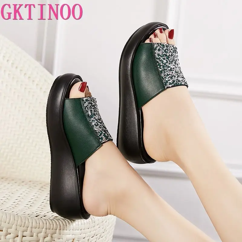 GKTINOO Woman Platform Flip Flops 2024 New Summer Women Genuine Leather Slipper High Heel Shoes Women Slippers Wedges