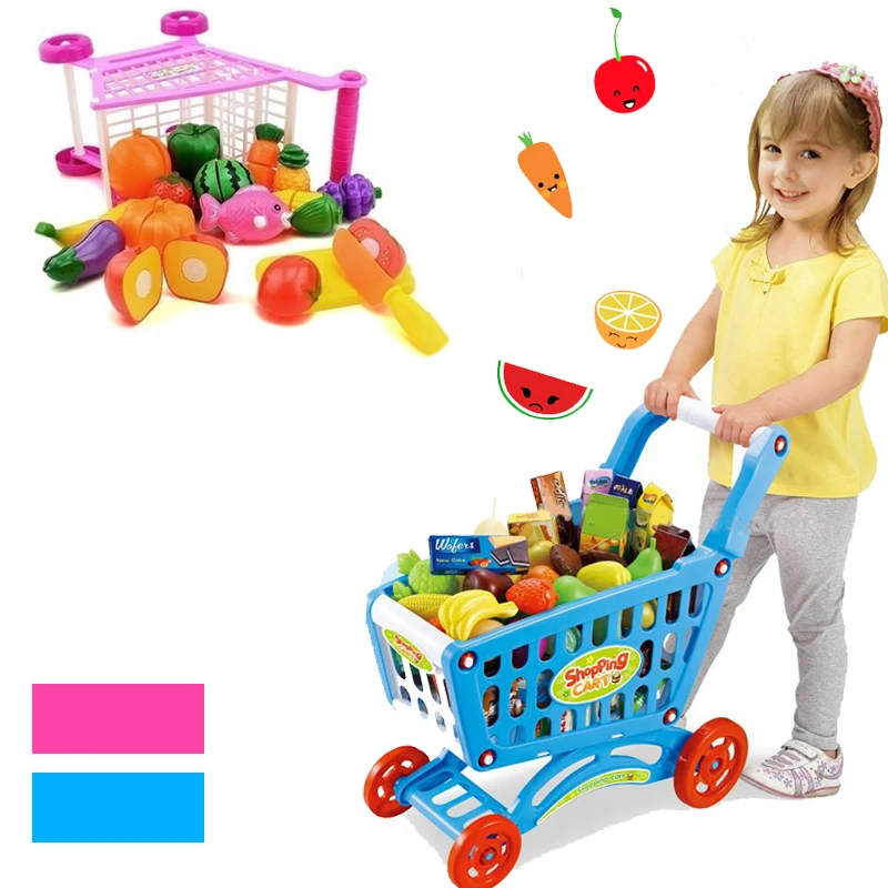 16Pcs Supermarket Shopping Cart Trolley Push Toys Simulation Fruits  Vegetables Pretent Play Groceries Toy For Girl Kids Gifts