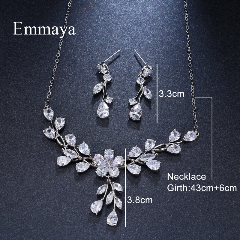 Emmaya Brand Luxury Plant Cubic Zircon Water Drop Pendant Crystal Earrings Necklace Set For Women Popular Bride Jewelry Gift