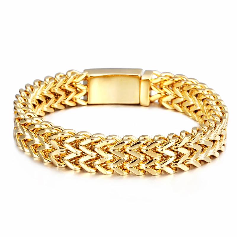 

Cool Fashion Top Quality 18mm wide Gold Stainless Steel Trilaminar Solid Figaro Chain Bracelet Bangle Men's Fashion Jewelry Gift