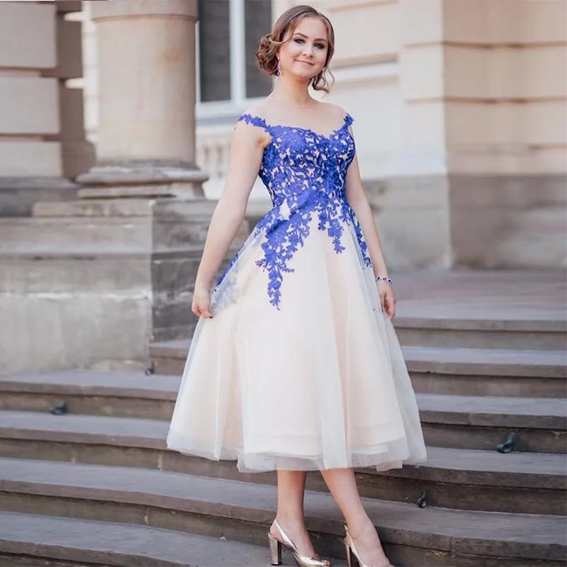 Tea Length Prom Dresses Royal Blue Appliques Champagne Tulle Women Formal Party Gowns Cap Sleeves Short Prom Gowns Illusion Back