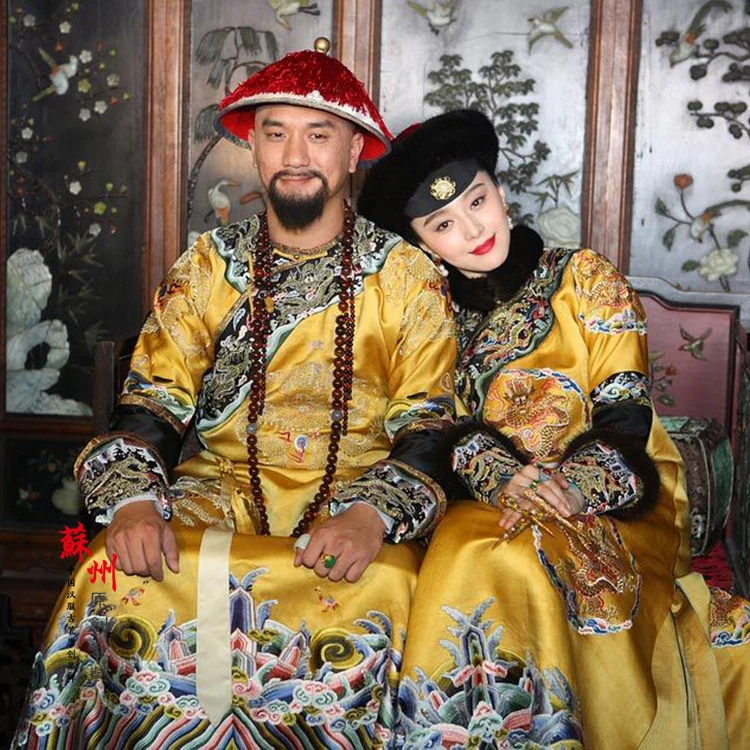 Qing Dynasty Emperor and Empress Yellow Dragon Costume Sets for Couple with Delicate Embroidery for Movie Lady in the Portrait