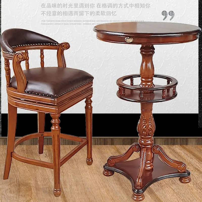 American Style Solid Wood High Bar Chair European Style Bar Stool Leather Wood Swivel High Bar Stool