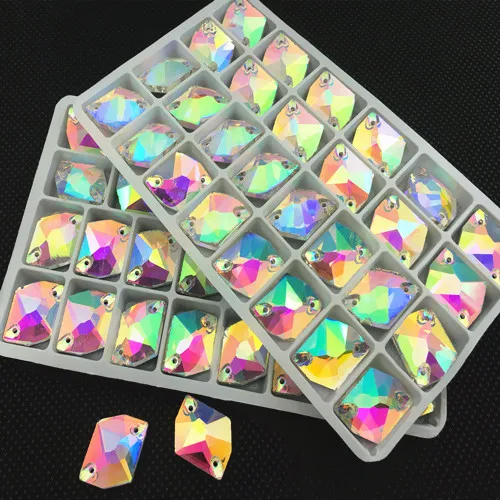 Crystal AB Color Cosmic Shape Sew On Glass Crystal Stones Flatback 2 Holes For Dress Making 21x27mm,16x21mm,14x17mm,11x14mm