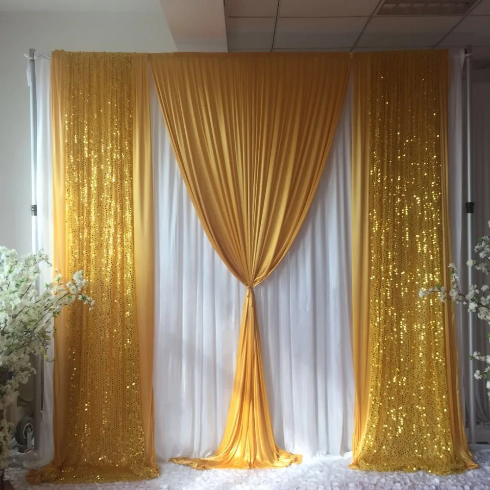 

free shipping 3m H x3mW white curtain with gold ice silk sequin drape backdrop wedding party decoration