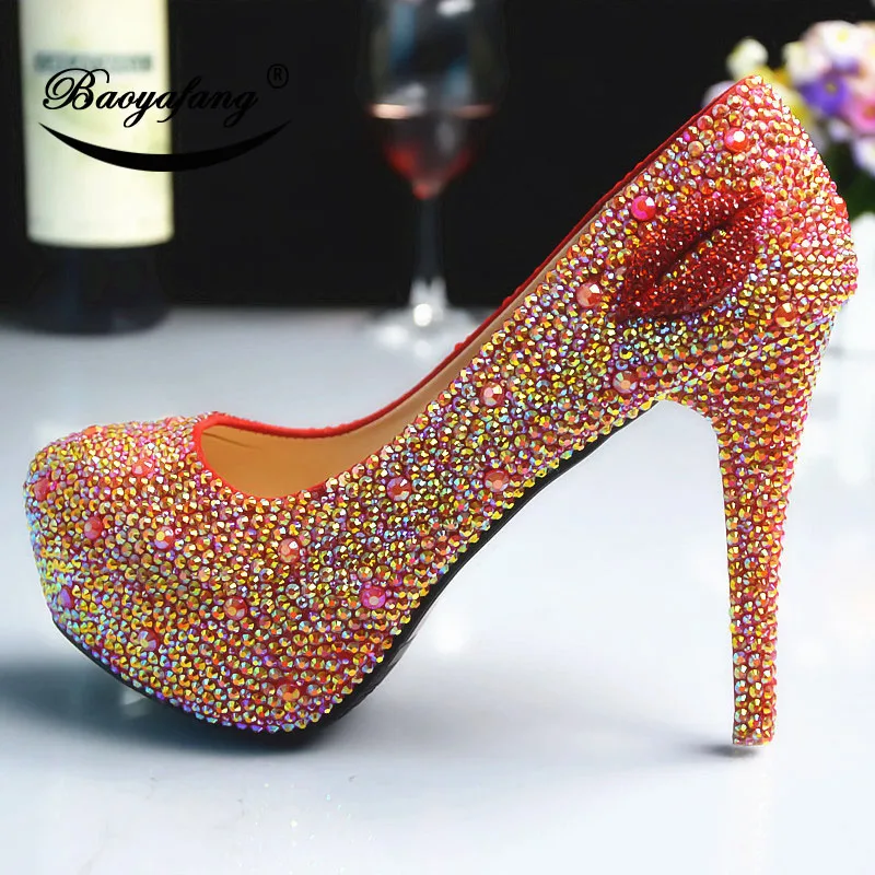 

2019 Womens wedding shoes red mouth AB Crystal Shoe woman Ladies Party dress shoes Bride bridesmaid's wedding shoes