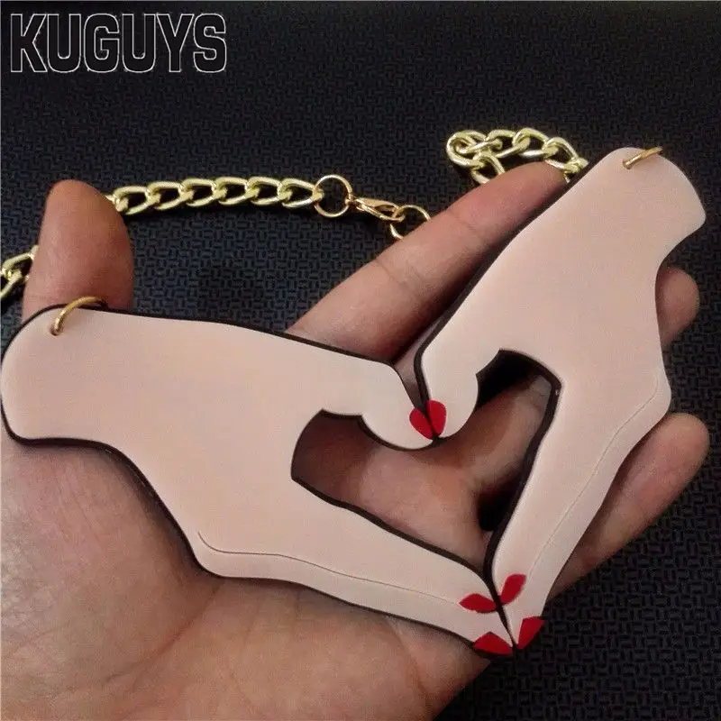 KUGUYS Fashion Jewelry Women Acrylic Hand Finger Heart Large Pendant Necklace Sweater Link Chain HipHop Rock Necklaces