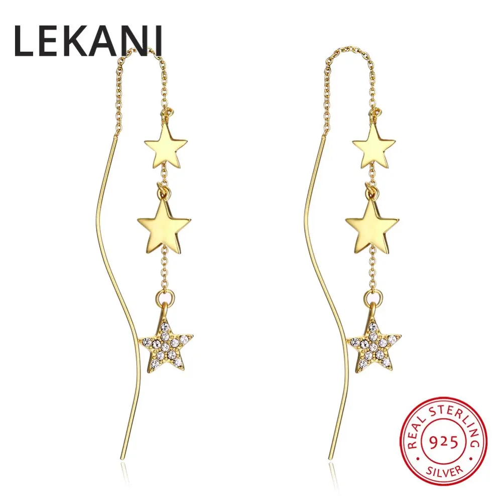 

LEKANI Chic Stars Drop Earrings Crystals From Swarovski For Women Party Gifts Long Chain Gold Color Real S925 Silver Piercing