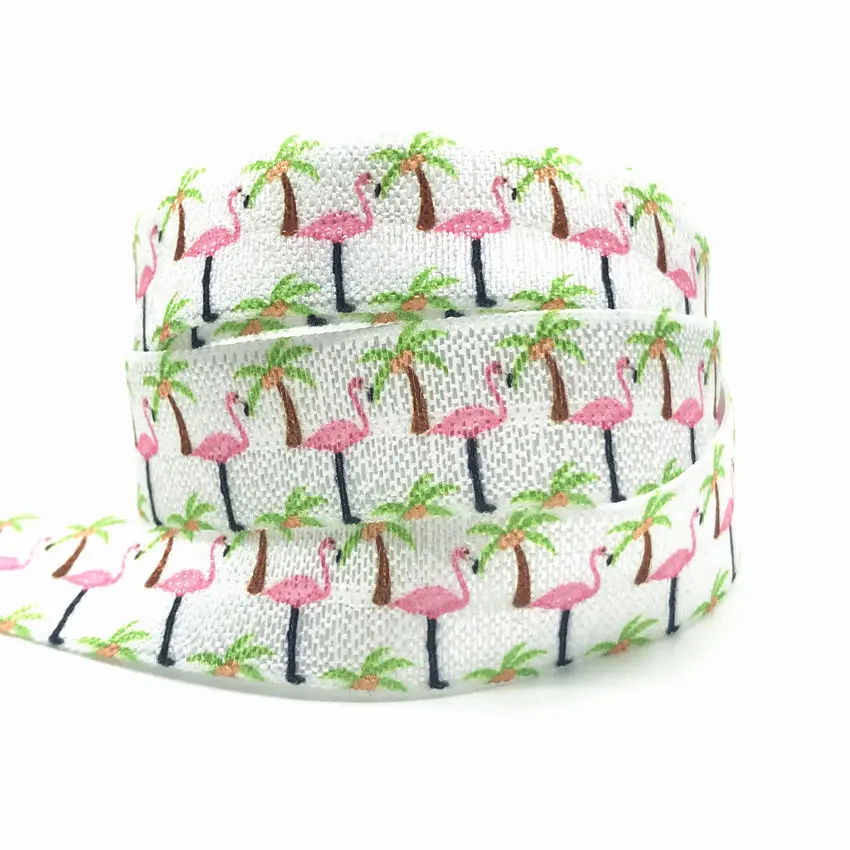 10Yard 15mm Flamingos Tropical Cactus Tortoise ALOHA Hawai Print Fold Over Elastic FOE Ribbon for Wedding Decoration Accessories