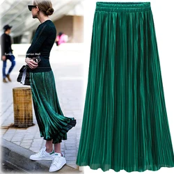 Silver Gold Pleated Skirt Womens Vintage High Waist Skirt 2023 Winter Long Warm Skirts New Fashion Metallic Skirt Female