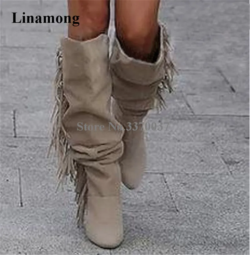 Winter New Fashion Women Round Toe Suede Leather Tassels Knee High Thin Heel Boots Charming Fringes Long High Heel Boots