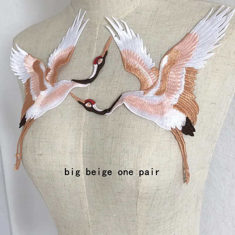 

1Pair Chinese Style Embroidery Patches Clothing Applique Sew Red-Crowned Crane Blue Grey Birds DIY For Clothes Dress Jean Decor