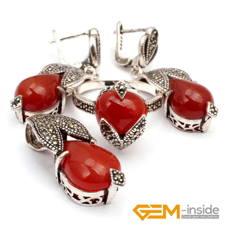 Red Agat e Antique Tibetan Silver Ring Earrings Pendant Jewelry Sets For Party For Women Gift