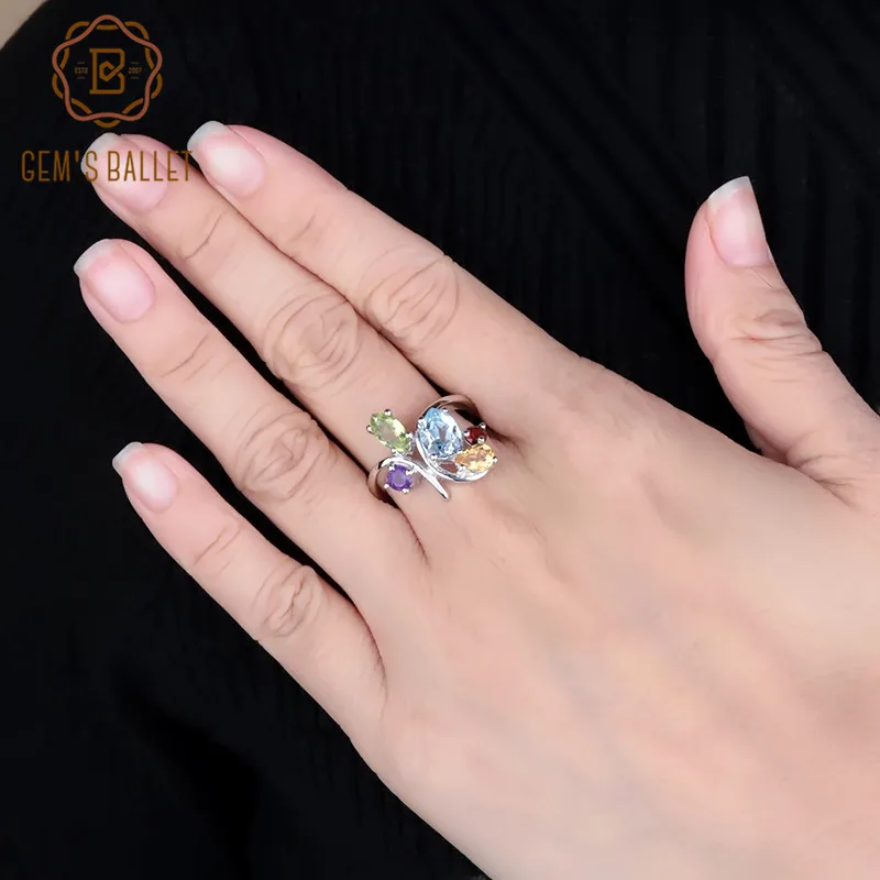 Gem's Ballet Flower Multicolor Natural Amethyst Garnet Peridot Citrine Topaz Cocktail Ring Silver 925 Jewelry Ring For Women