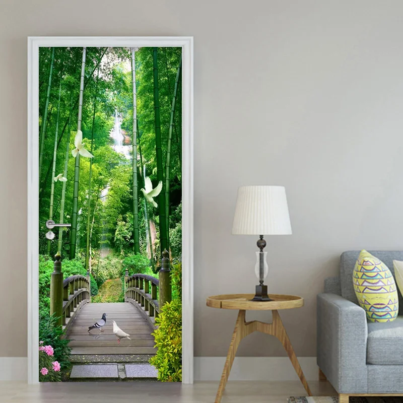 White dove Self-adhesive Door Sticker Bamboo Forest Wooden Bridge Pigeon 3D Photo Wallpaper For Wardrobe Bedroom Door Mural