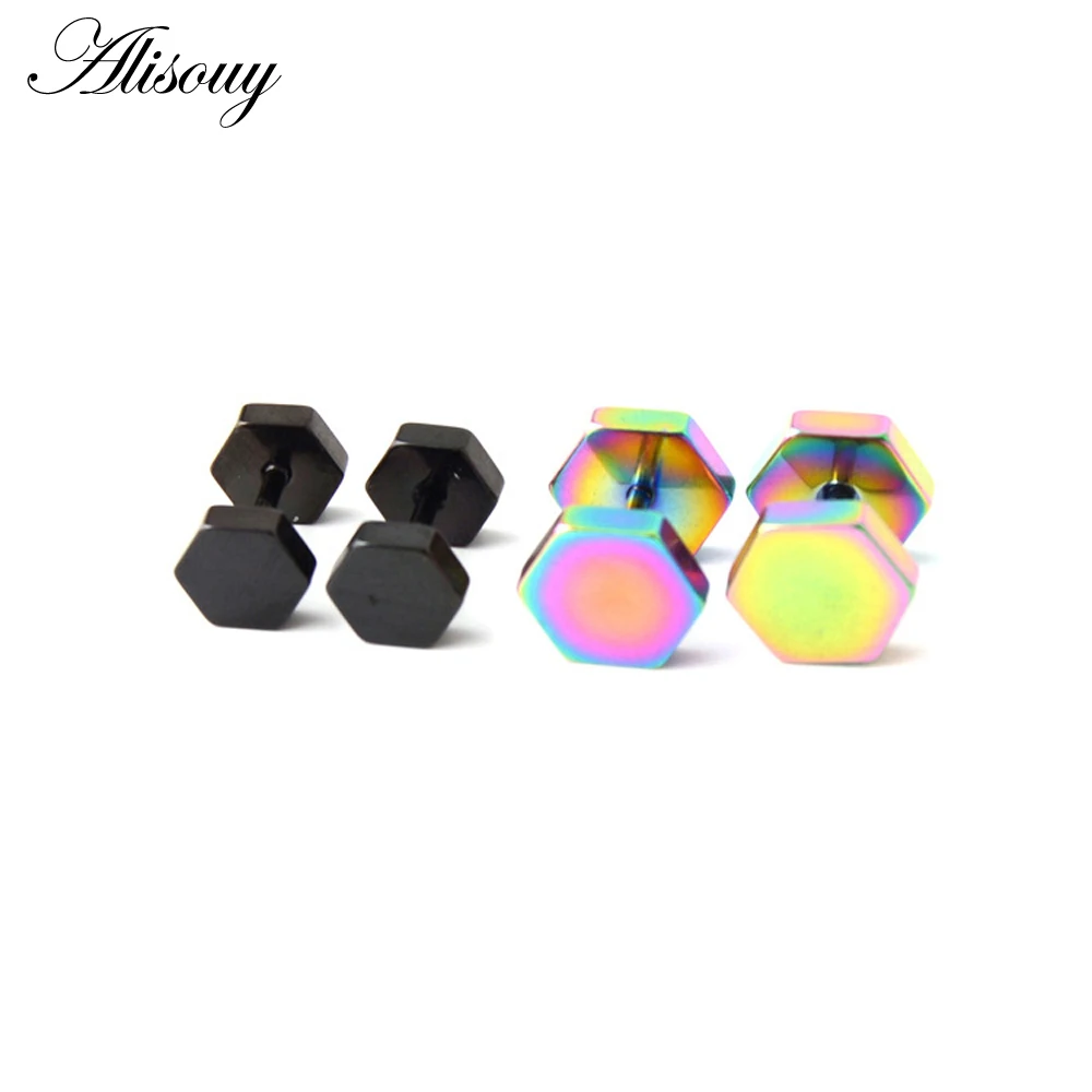 Alisouy 2pc hexagon studs Wholesale Fashion Black  color Stainless Steel Earrings Women Men\'s Punk Gothic Stud Earring For men