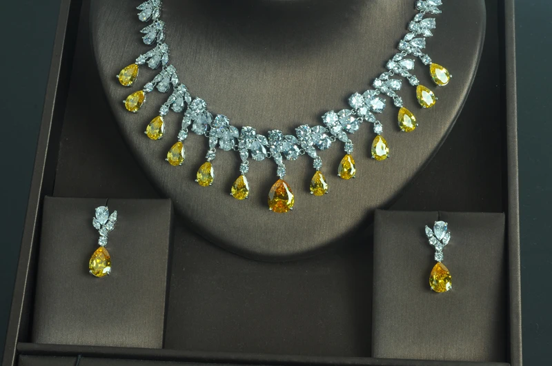 HIBRIDE Luxury Sparkling Yellow Water Drop Shape AAA CZ Stone Women Earring Necklace Sets Jewelry Sets Jewelry N-332