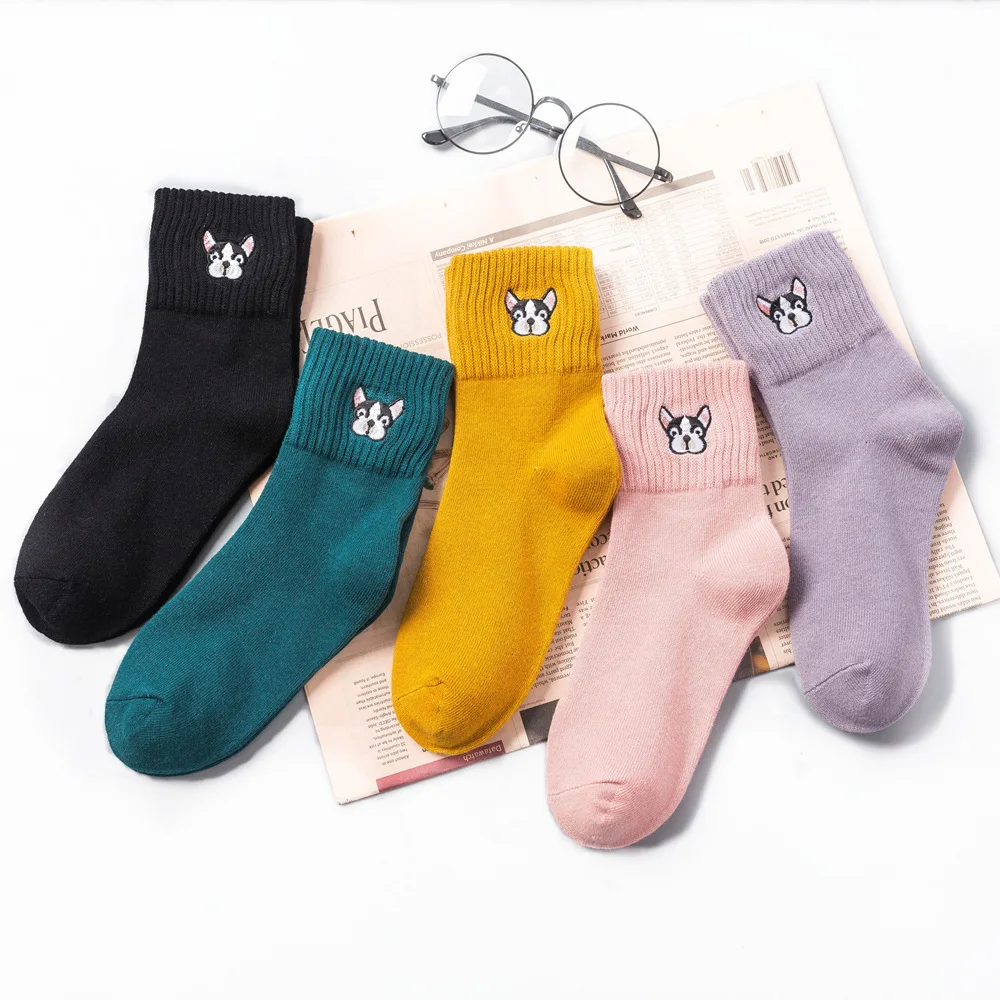 Autumn winter socks for women cotton sock harajuku cartoon dog embroidery cute socks female casual sox ladies meias mujer 2019