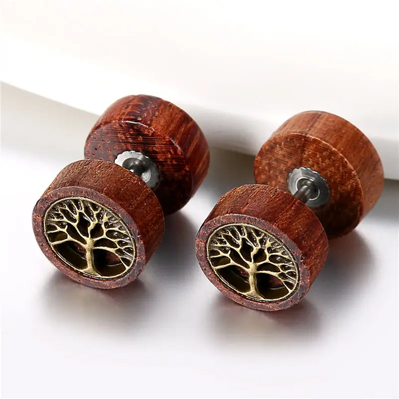 BONISKISS Women Wooden Stud Earrings boucle d\'oreille femme 2020 Double Sided Round Life Tree  Men Punk Gothic Barbell Earrings