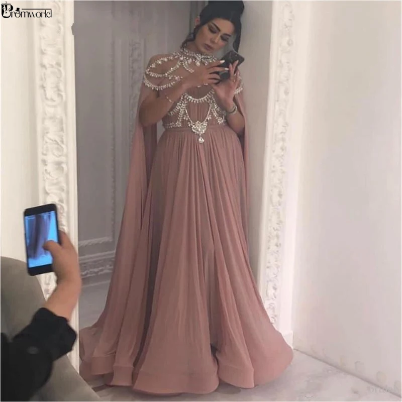 Blush Pink Muslim Formal Evening Dress 2024 Illusion High Neck Crystal Chiffon Islamic Dubai Kaftan Arabic Long Evening Gown