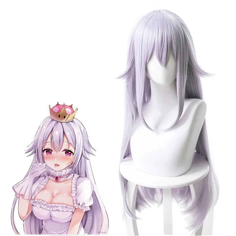 Bowsette Booette Principessa Teresa 31 "Lungo Rettilineo Argento Bianco Cosplay Parrucca + Protezione Della Parrucca