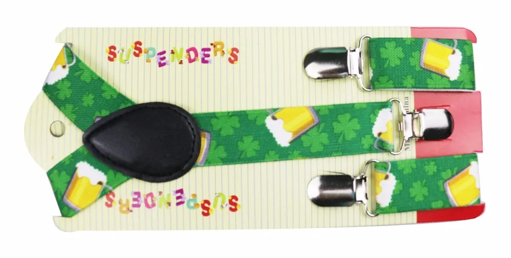 Winfox New Fashion Clip On Y Back Children Green Leaf And Cup Print Suspender For Boys