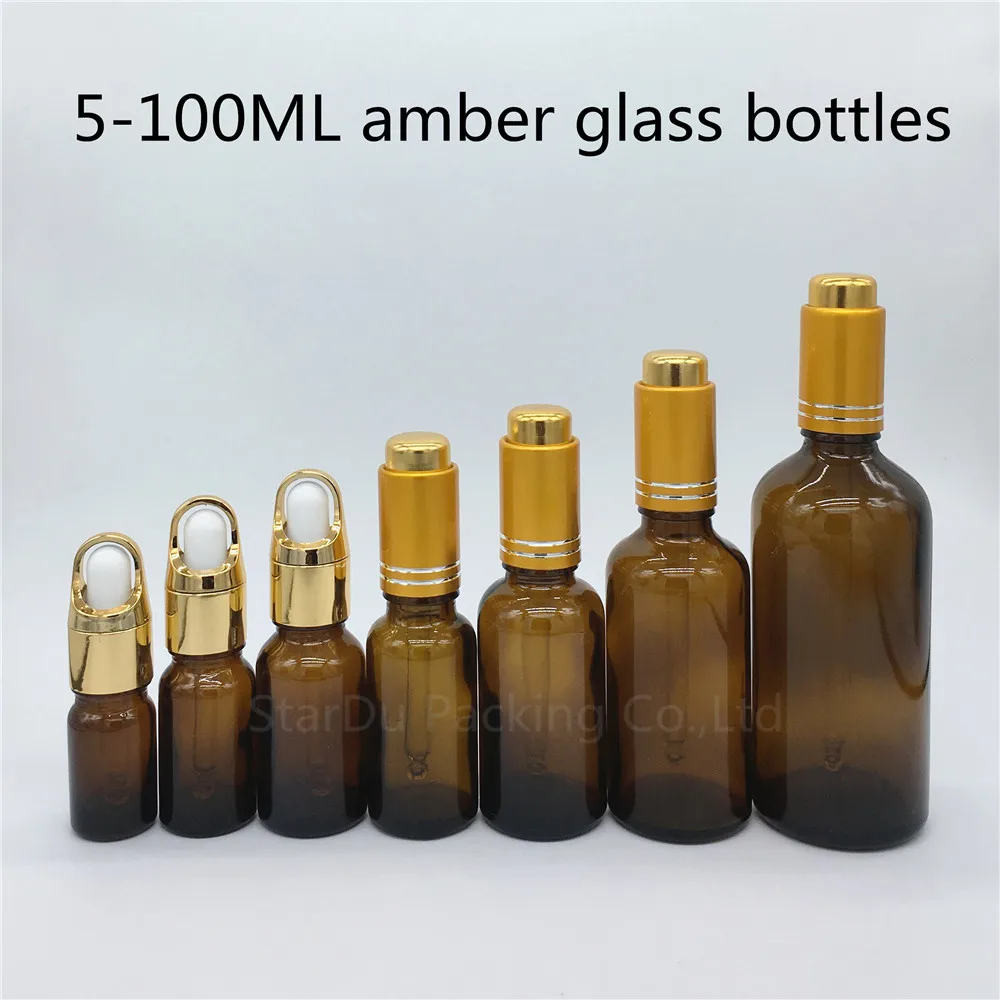 

5ml 10ml 15ml 20ml 30ml 50ml 100ml Amber Glass Essential Oil Bottle With Gold Press Dropper Glass Perfume Bottles 500pcs