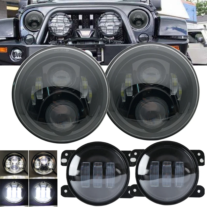 

2PCS Auto Accessory 7 Inch 60w LED Headlight +pair 4Inch LED Passing Fog Lights for lada 2101 suzuki samurai Unlimited Rubicon