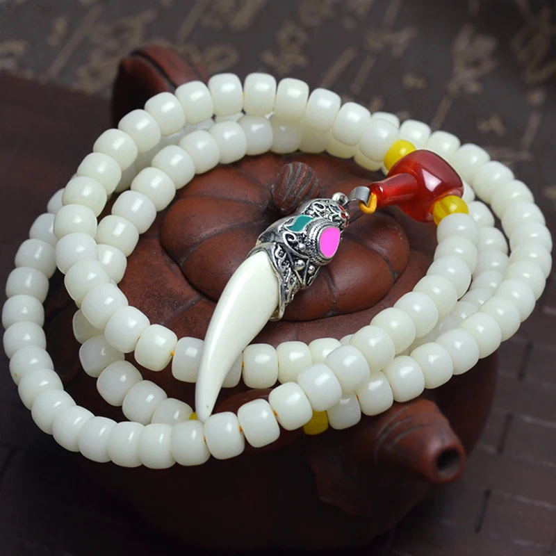 Tibetan KingKong White Bodhi Barrel Beads 108 Rosary Tibet Sliver Tooth Bracelets Buddha Prayer Japa Mala Jewelry Accessories