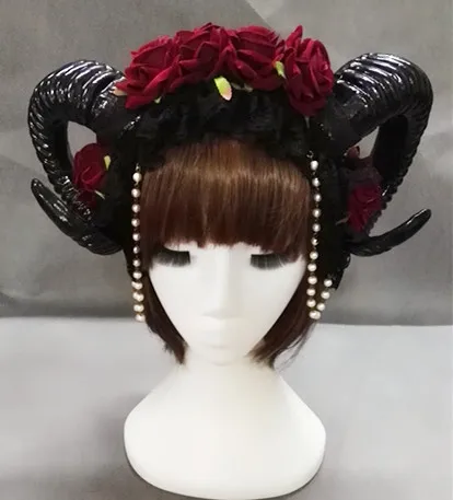 Manual Aries Roses Flowers Lace Chain Sheep Horn Ear Hair Hoop Forest Animal Photography Exhibition Cosplay Headband Accessories