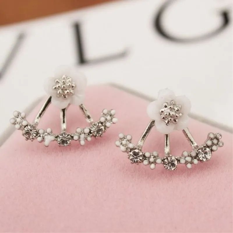 New Fashion Small Daisy Double Side Back Post Hanging Stud Earrings for Women Beautiful Crystal Flower Ear Jewelry Wholesale