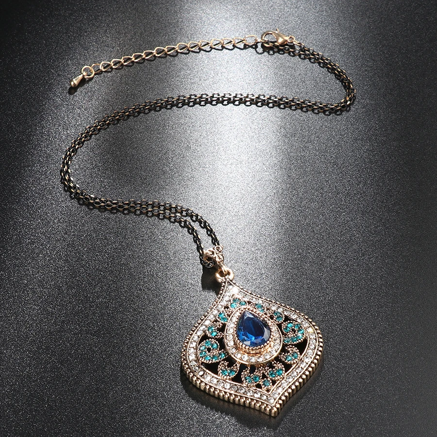 Kinel Fashion Blue Crystal Pendant Necklace For Women Ancient Gold Color Bohemia Pendant Daily Fine Ethnic Vintage Jewelry