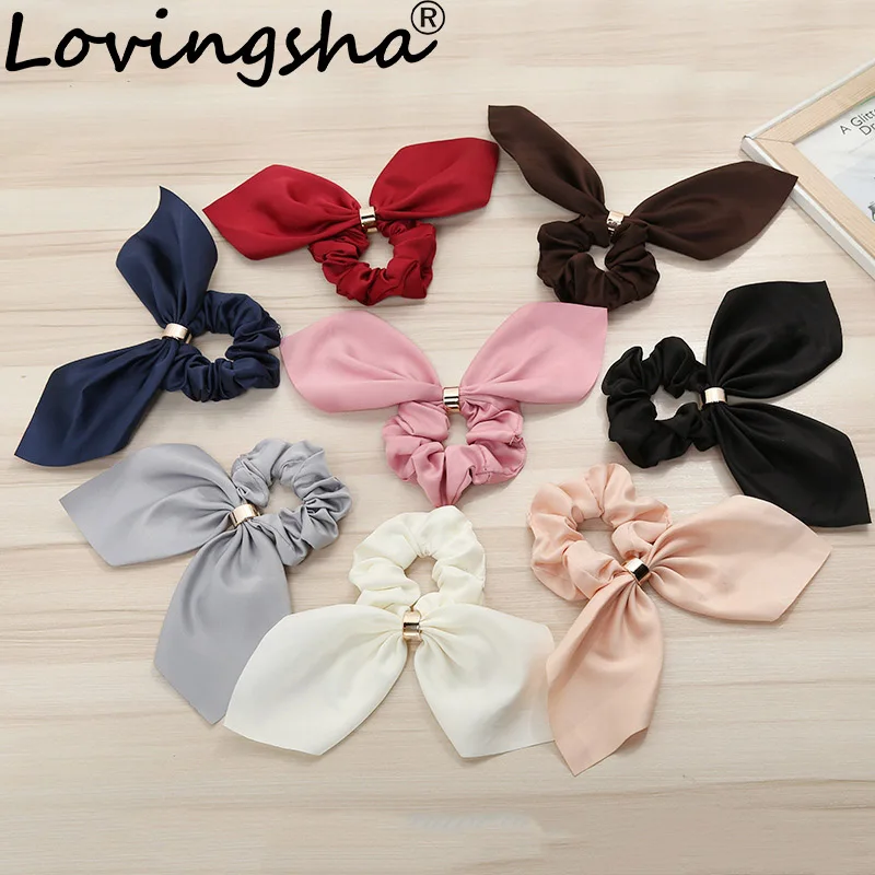 LOVINGSHA Girls Rubber Band Tie Hair Scrunchies Cute Rabbit Ear Striped Hair Accessories Elastic Hair Band Hair Rope For Women