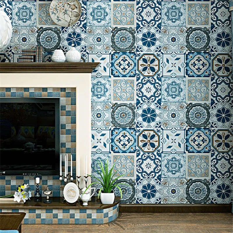 

Imitation tile wallpaper background wallpaper Bohemian ethnic style Southeast Asian style living room bedroom Thai beauty salon