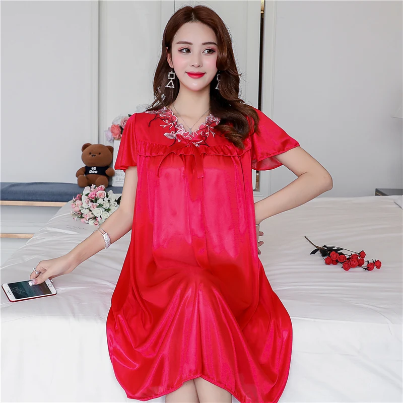 Summer Women Nightgown New Short-sleeved V-neck Sexy Ice Silk Nightdress Loose Large Size Simulation Silk Nightgown Home Service