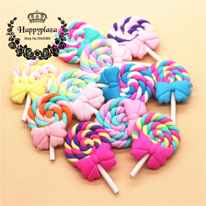 10pcs Mix Colors Swirl Lollipop With Bow Polymer Clay Flatback Cabochons Food Art DIY Phone Decoration or Kids Gift,27*40mm