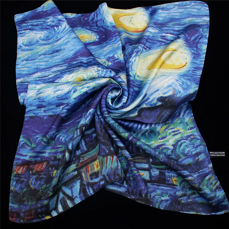 Van Gogh's Oil Painting Starry Sky Silk Scarf Women Scarf Fashion Silk Feelling Square Scarves Head Neck Tie Band Neckerchief