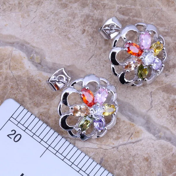 Angelic Multicolor Stones Silver Plated Jewelry Sets Earrings Pendant Ring Size 5 / 6 / 7 / 8 / 9 / 10 S0139A