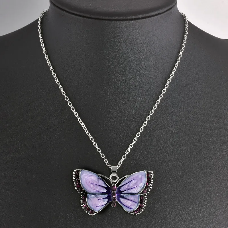 New Women Lady Metal Butterfly Crystal Rhinestones Shape Pendant Chain Necklace Sweater Jewelry Gift image 3