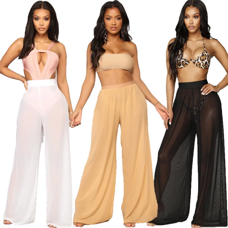 Plus Size 2XL Summer Beach Mesh Bikini Cover Ups Women Beach Dress Transparent Long Pants Wide Leg Trousers Swimsuit