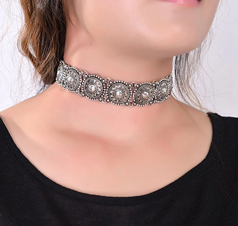Hot Boho Gypsy Collar Choker Necklace Jewelry for Women Vintage Ethnic Bohemia Silver Plated Alloy Statement Necklaces Bead Neck